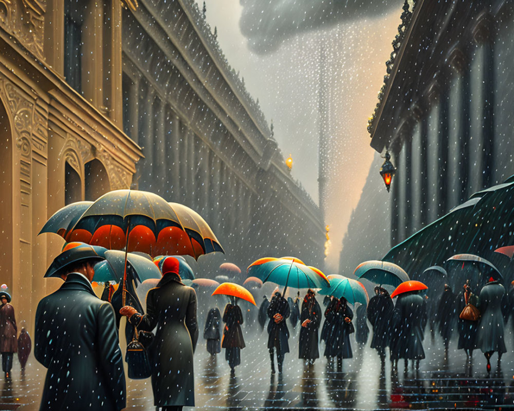 Rainy city street scene with people holding umbrellas in sunlight and raindrops.