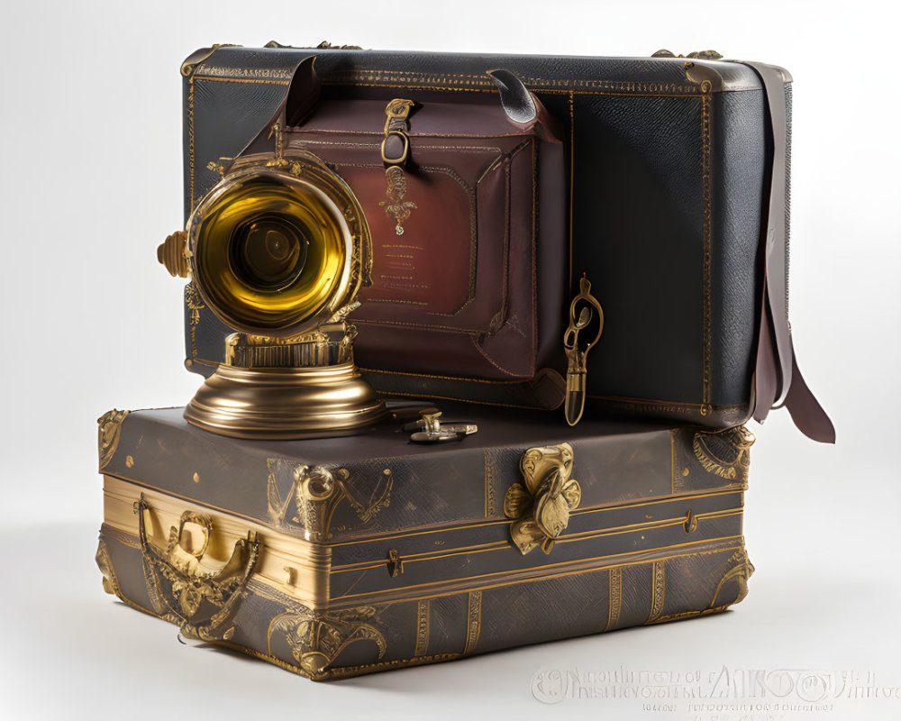 Vintage Brass-Lens Camera with Matching Ornate Suitcase