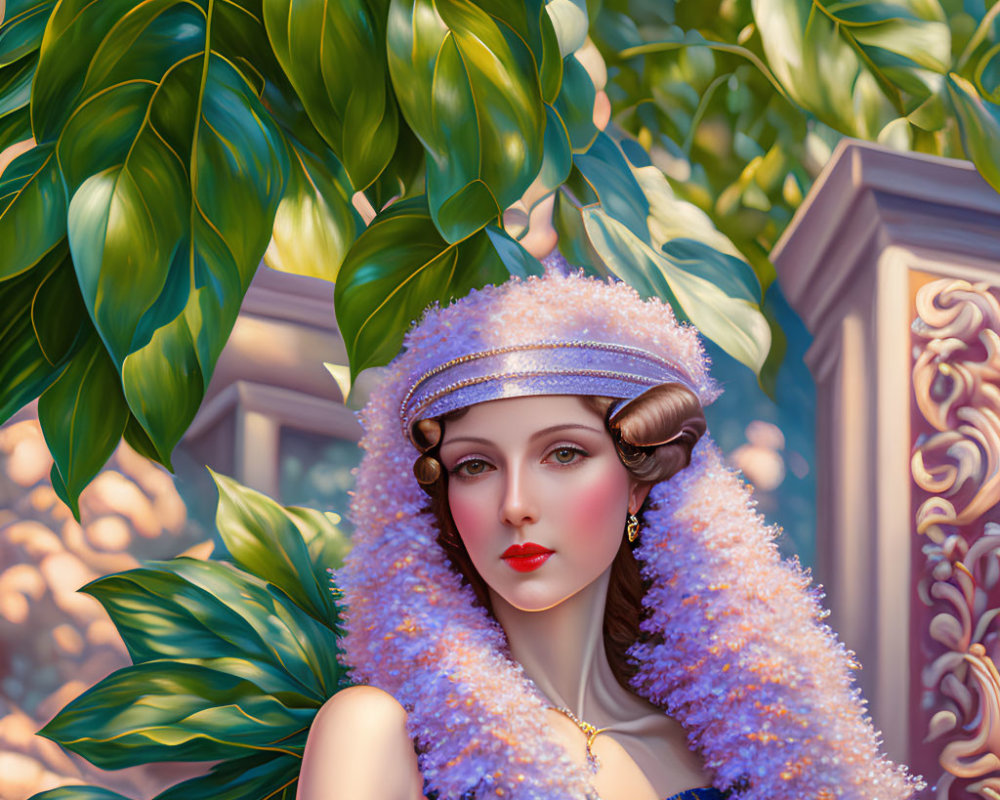 Illustrated woman in 1920s flapper-style attire among lush greenery