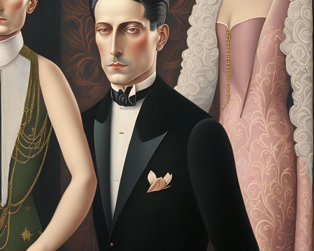 Vintage Fashion Portrait: Man in Tuxedo with Two Women in Elegant Dresses