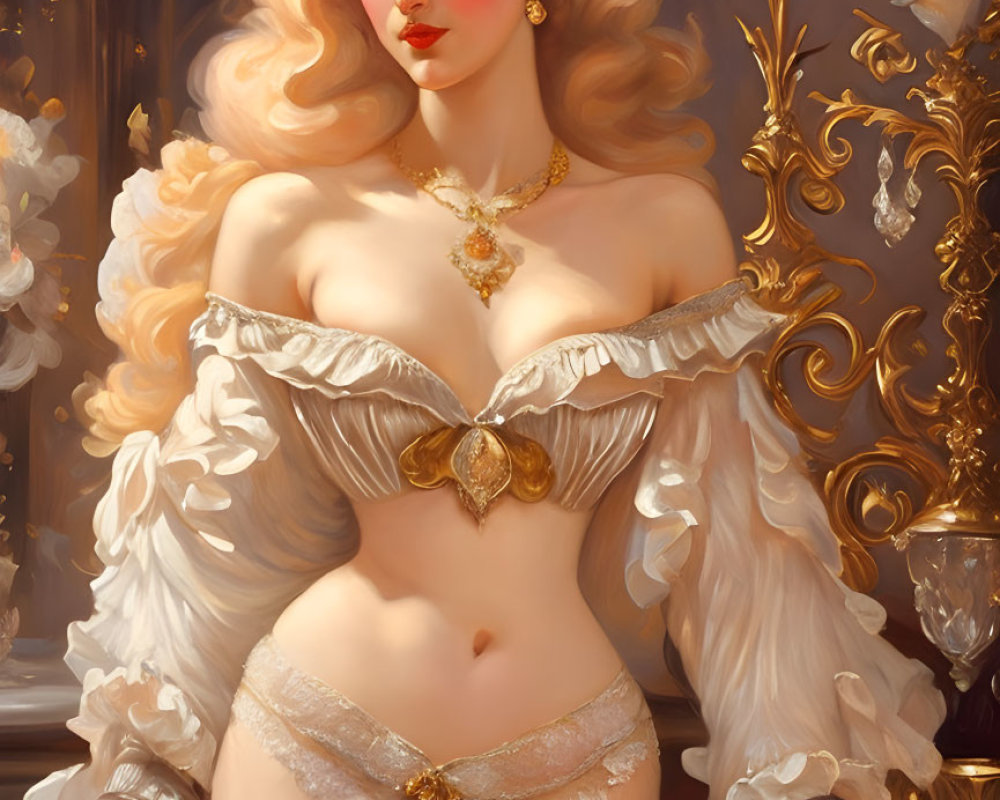 Elegant woman in vintage lingerie with ornate golden backdrop