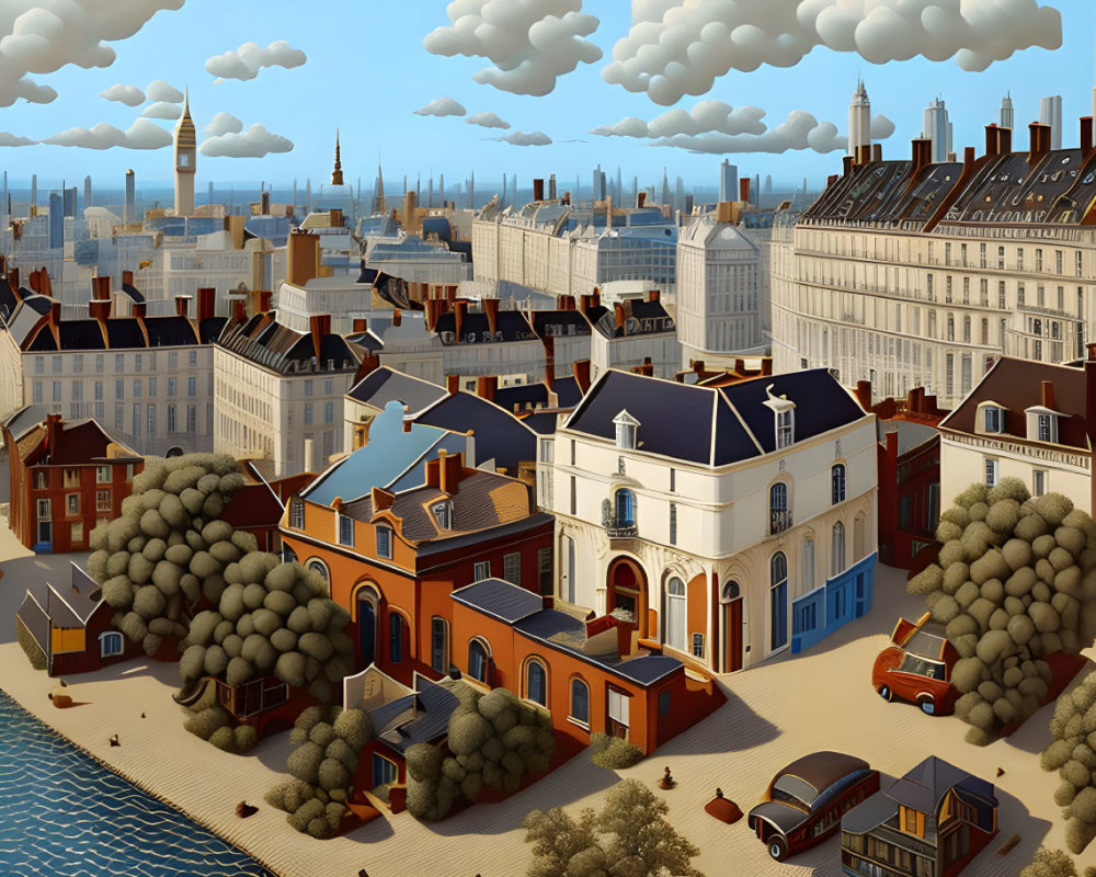 Whimsical European cityscape with vintage cars and riverfront