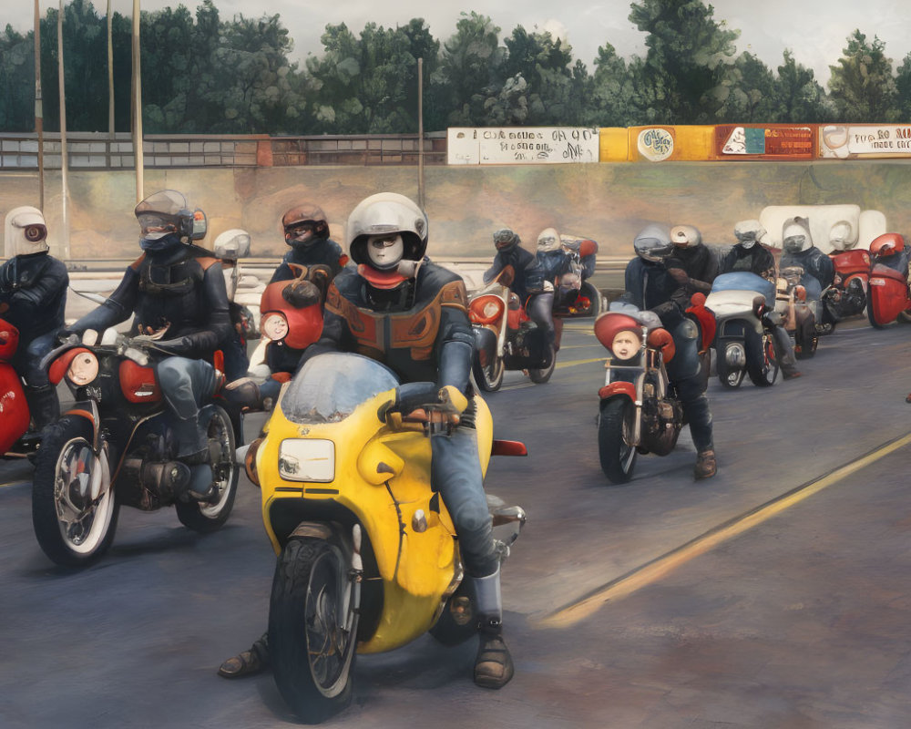 Group of riders on motorcycles with helmets in city traffic.