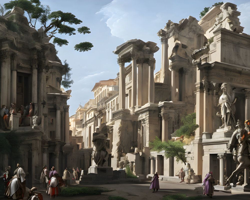 Classical Roman city scene with ruins, statues, and period clothing