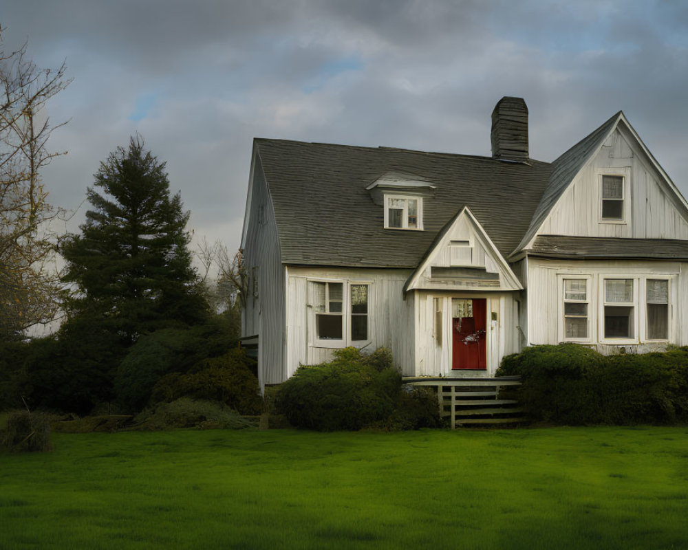 White House with Red Door Surrounded by Greenery under Cloudy Sky