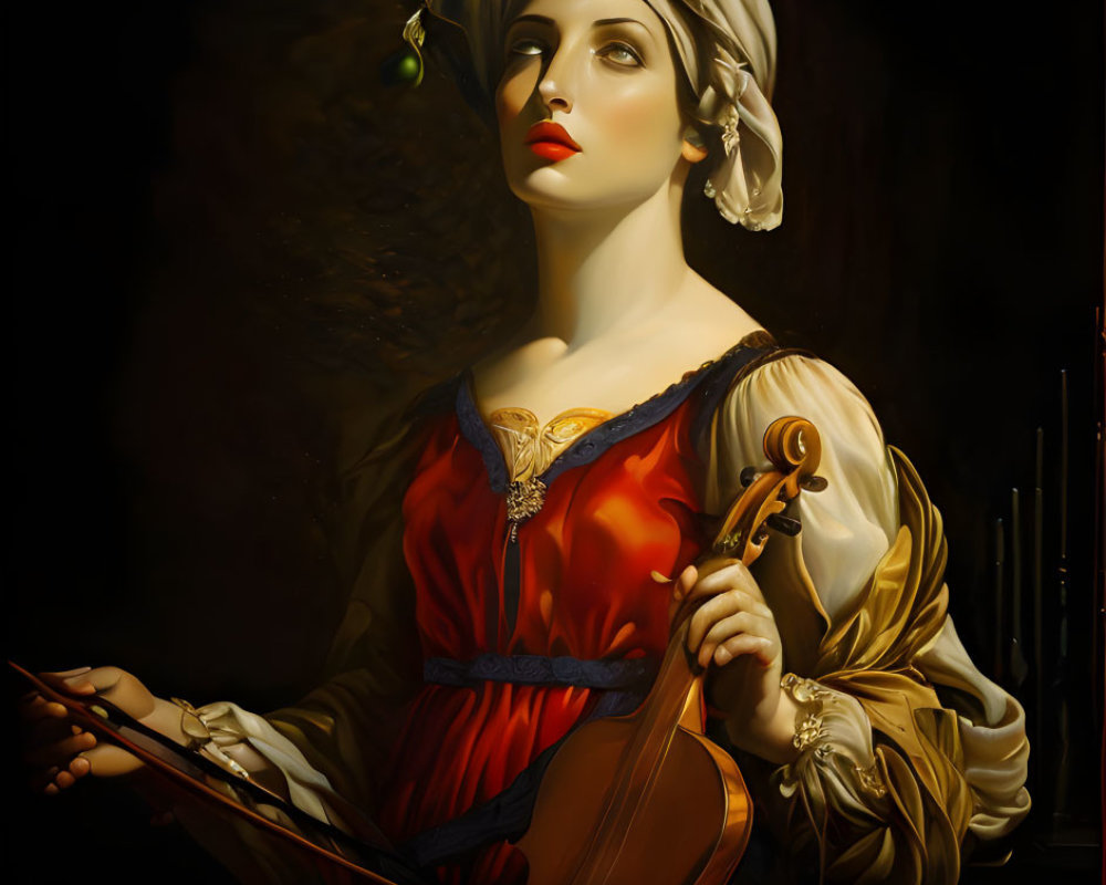 Historical painting of woman in turban with violin and dramatic lighting