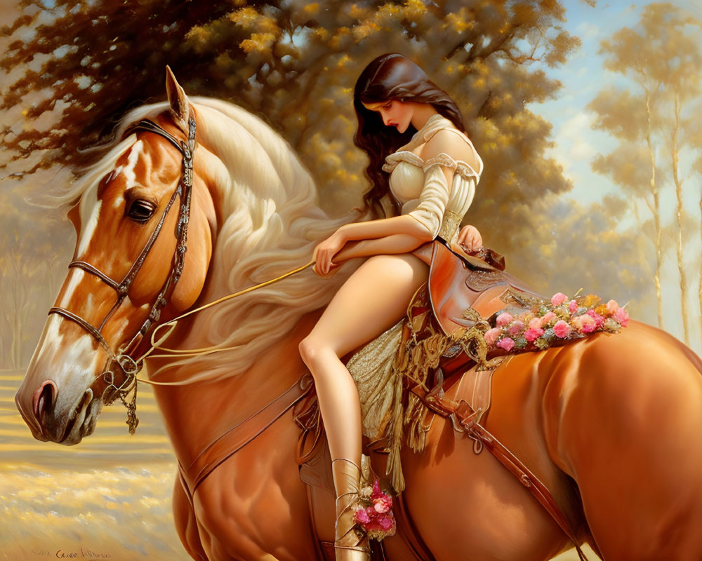 Woman with long dark hair in cream corset seated on tan horse with flowers, serene nature backdrop