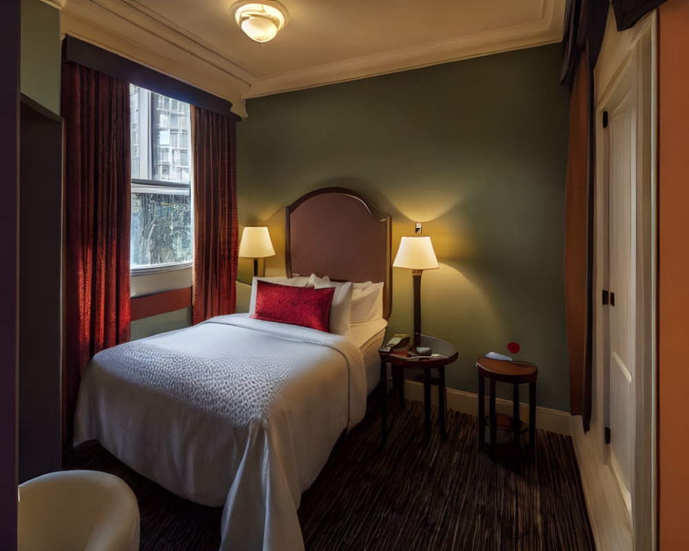 Inviting single bed with red curtains, lamps, chair, and city view.