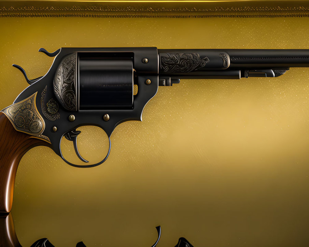 Ornate Engraved Revolver on Golden Background