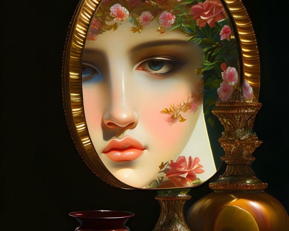 Surreal mirror image with floral woman's face, vases, fruits, and petals