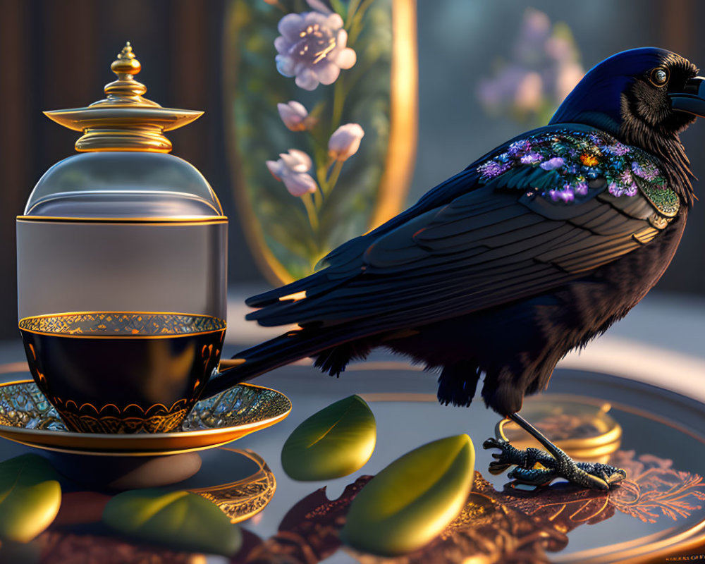 Glossy black raven with iridescent feathers on golden tea set with petals and leaves