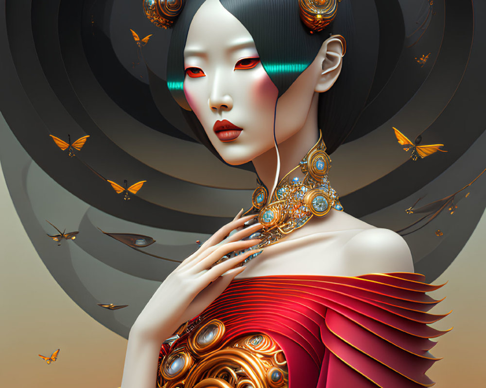 Digital portrait of woman with golden jewelry and butterflies, red clothing, abstract background