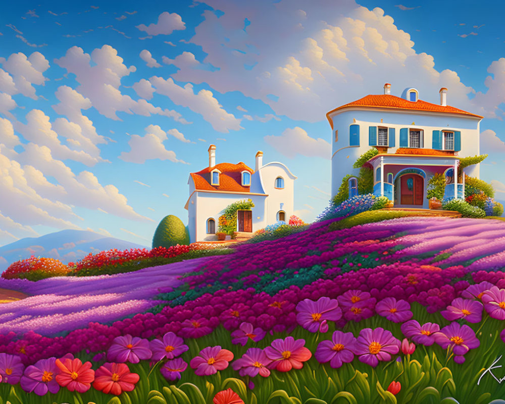 Vibrant hilltop house surrounded by colorful flower fields