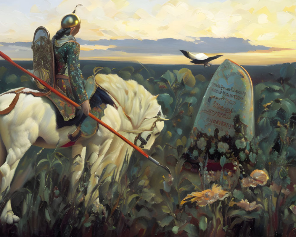 Knight in ornate armor on white horse with lance by stone grave marker in blooming field at sunset