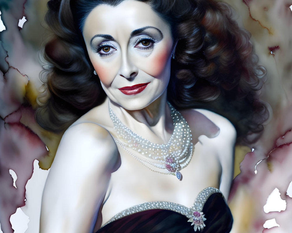 Portrait of animated woman in crown, pearl necklace, and elegant gown with dramatic makeup.