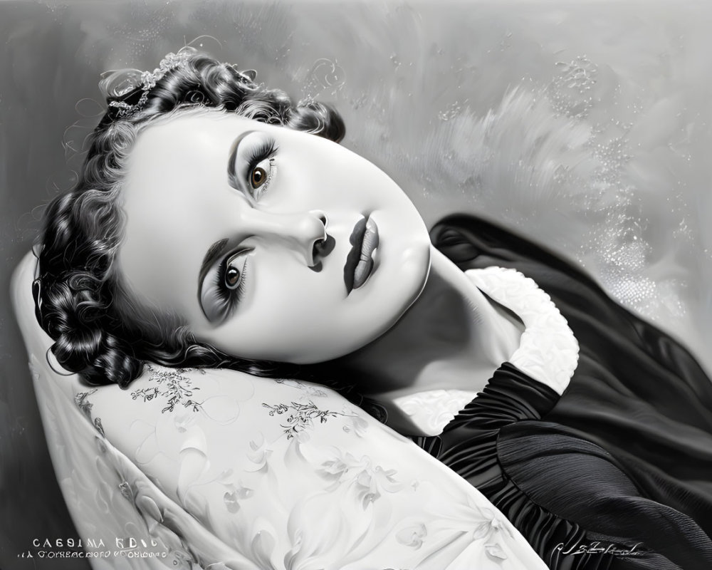 Monochrome digital portrait of woman with curly hair gazing upwards