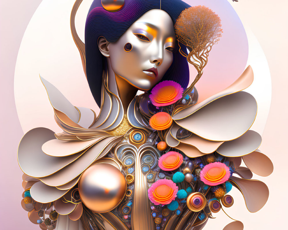 Stylized female figure with elaborate hair and futuristic attire in vibrant colors