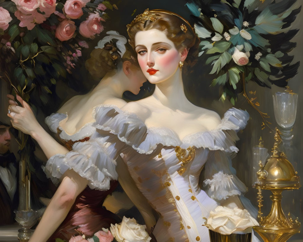 Classic portrait of a woman in a white dress with golden tiara and roses