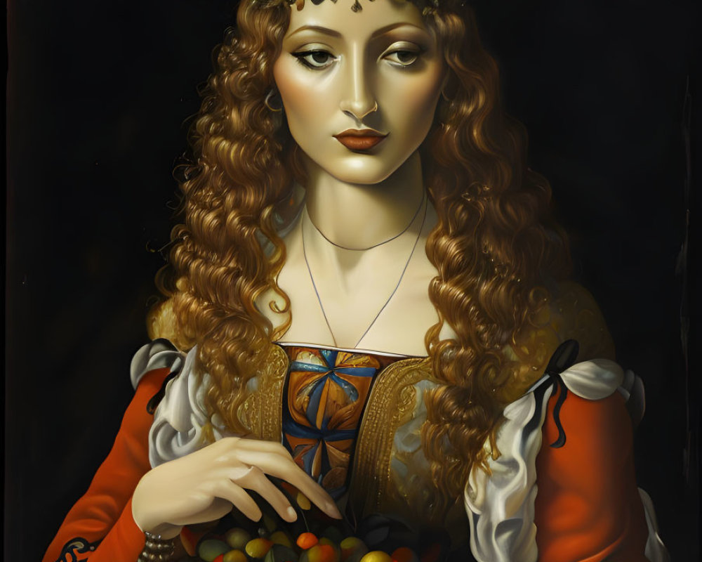 Renaissance painting of woman with curly hair and laurel wreath in fruit bowl scene