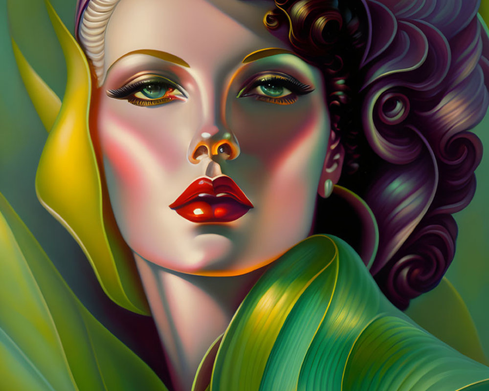 Woman's portrait with purple headscarf, wavy hair, and red lips in surreal setting