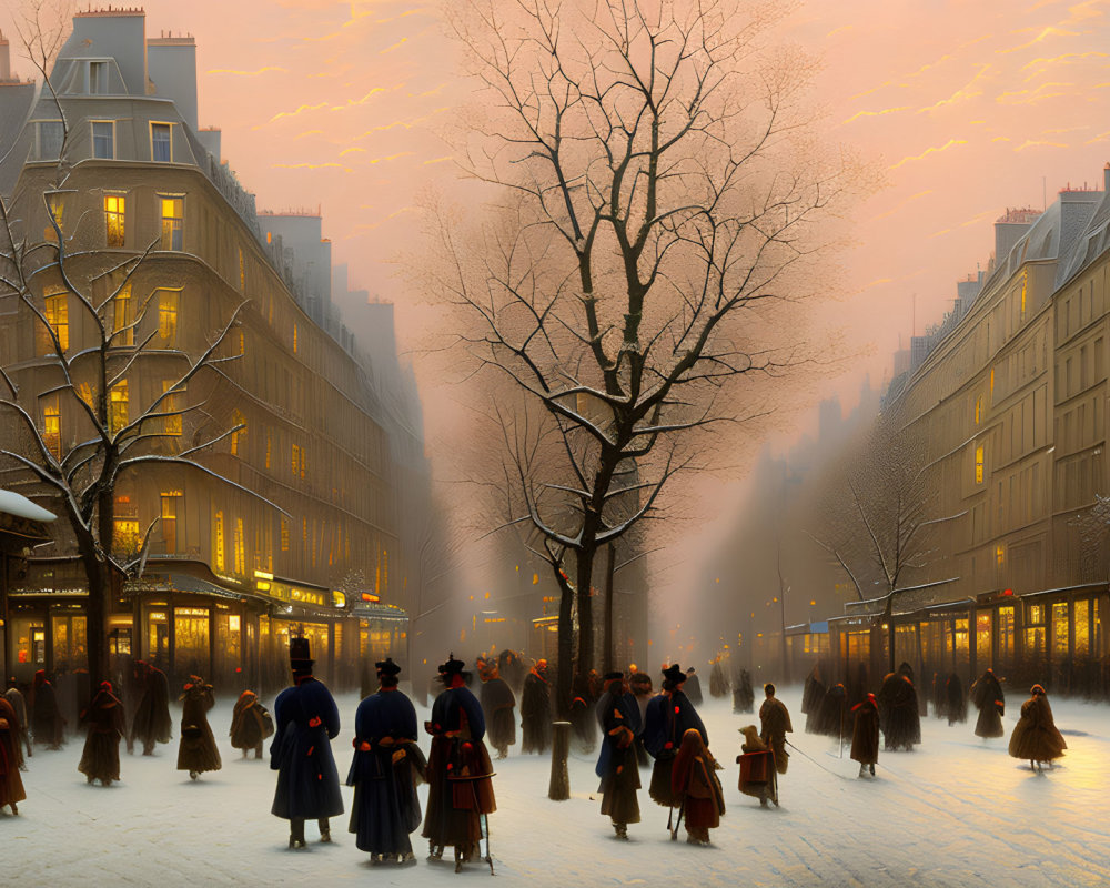 Vintage-clad people on twilight city street with glowing buildings and bare trees