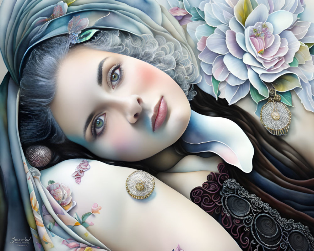 Detailed surreal portrait of a woman with floral embellishments and serene expression against white lotus backdrop