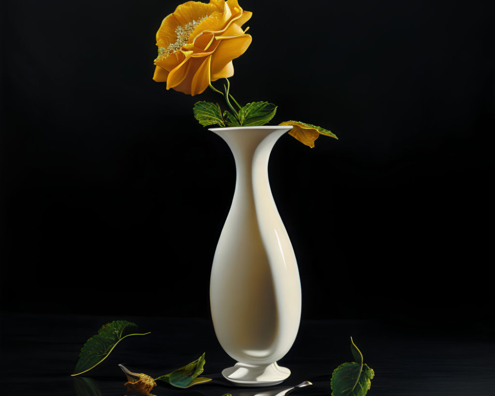 Yellow rose in white vase on black background with fallen petals and leaves