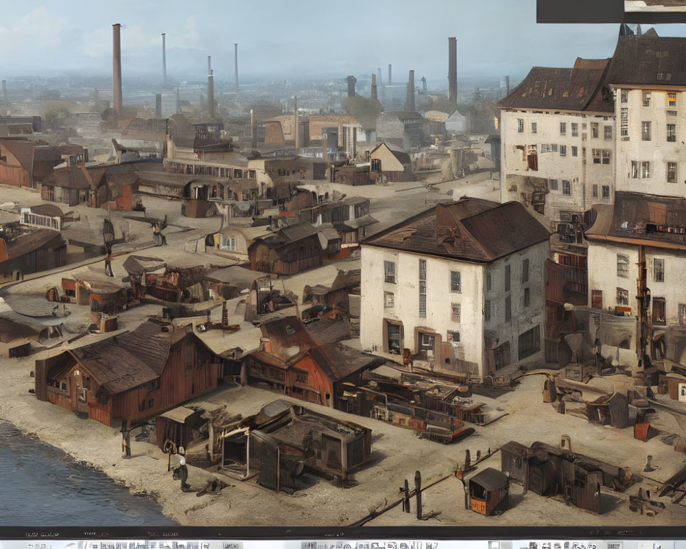 Industrial-era town digital art with smokestacks and dirt roads viewed from window