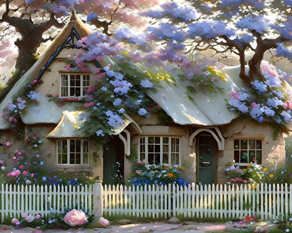 Charming cottage with blooming flowers, trees, and picket fence in sunlight