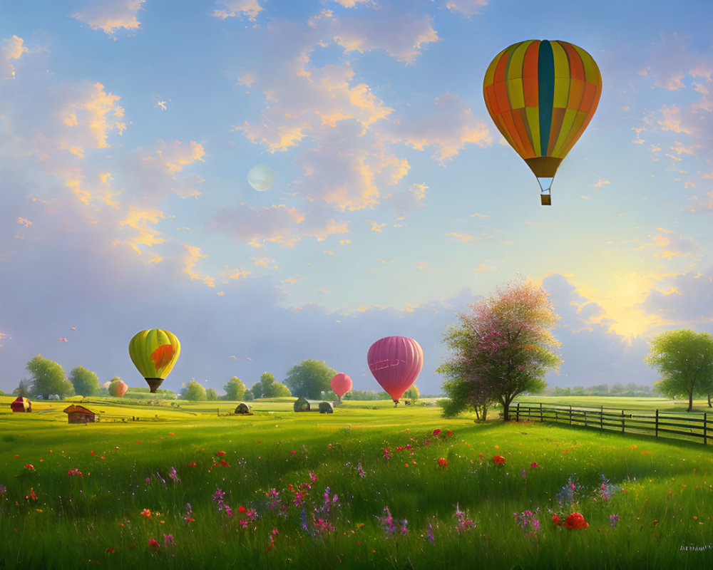 Tranquil landscape with hot air balloons over colorful meadow