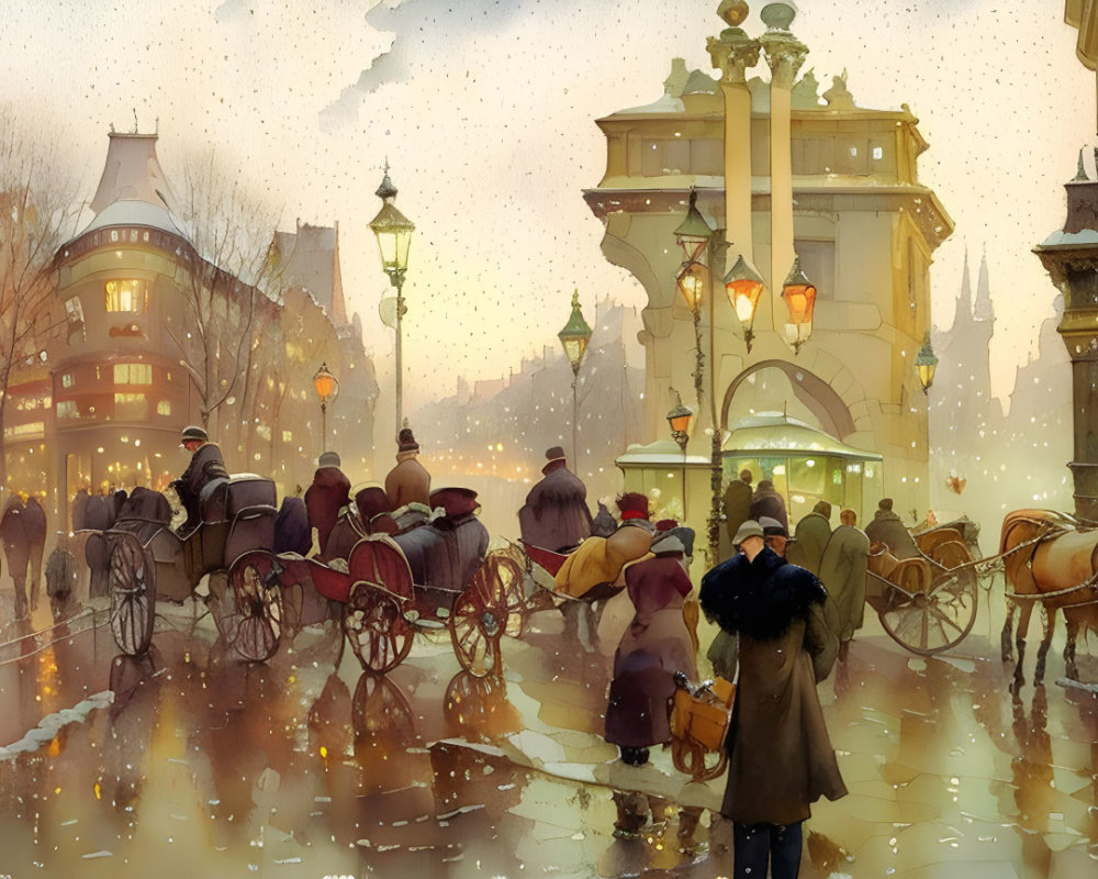 Vintage city street at dusk with horse-drawn carriages, pedestrians, and glowing street lamps in snow