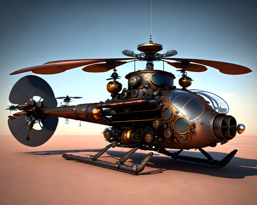 Steampunk-style helicopter with multiple rotors and bronze gears on desert surface at sunset