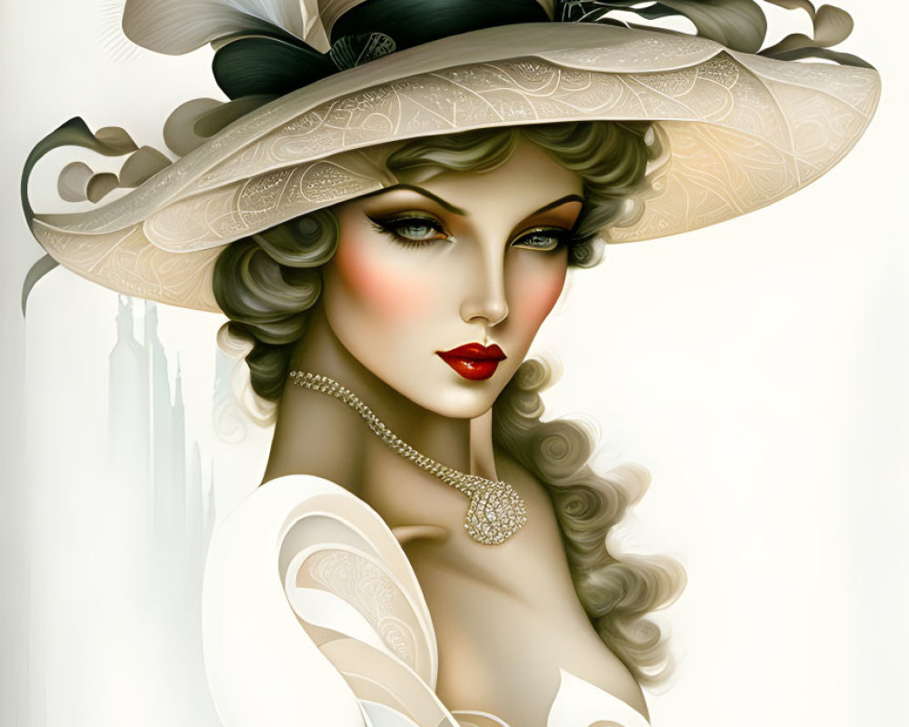 Stylized illustration of woman with green eyes in wide-brimmed hat and choker against architectural