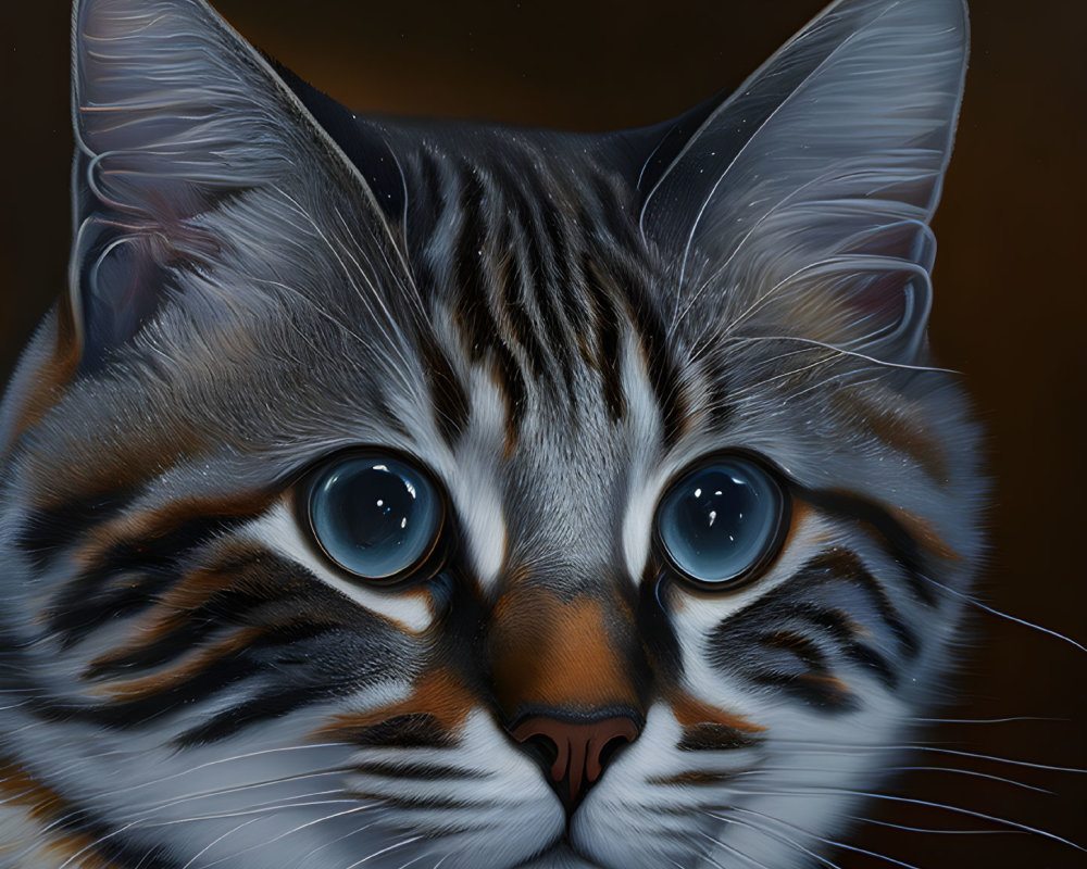 Hyper-realistic painting of tabby cat with blue eyes and intricate fur detail