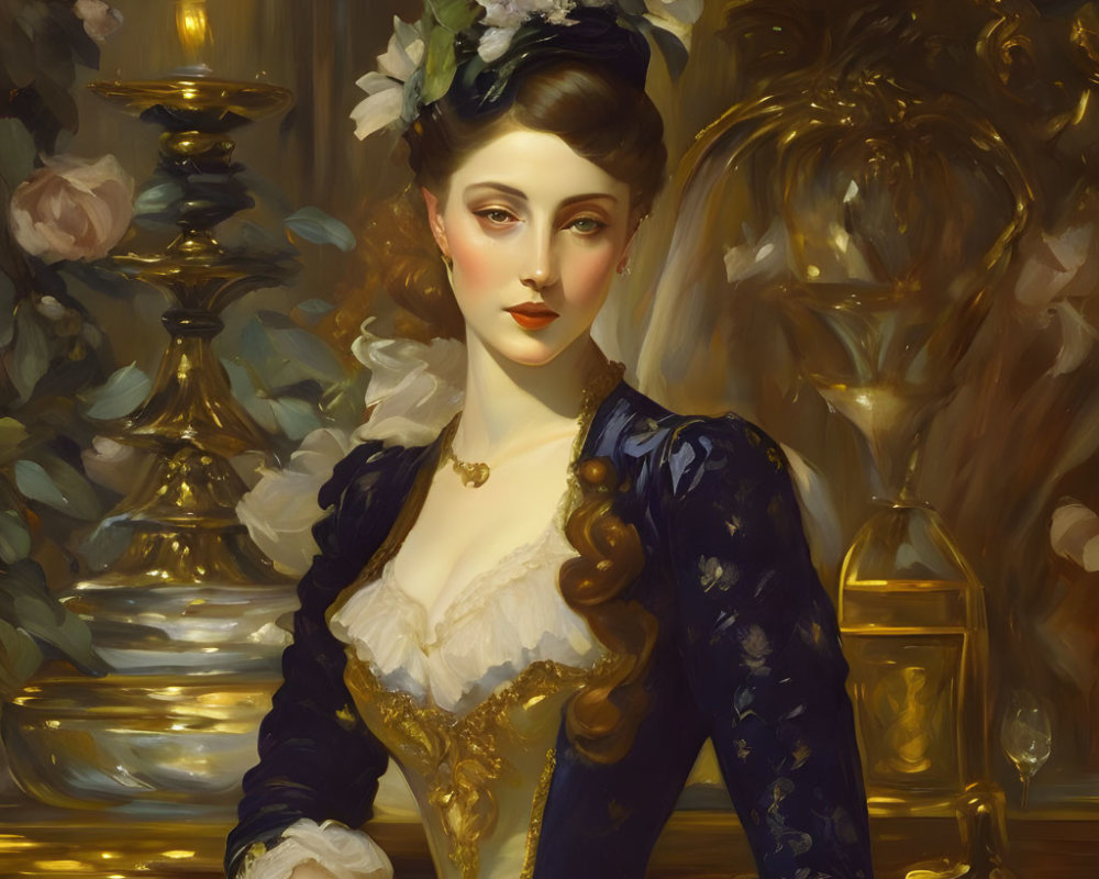 Portrait of Woman in Blue Dress with Floral Headpiece in Luxurious Room