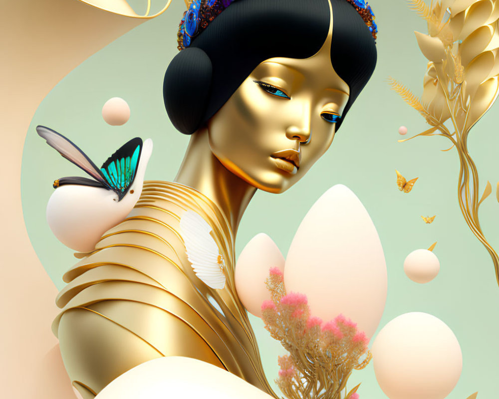 Stylized digital artwork of golden-skinned woman with butterflies and jeweled headpiece