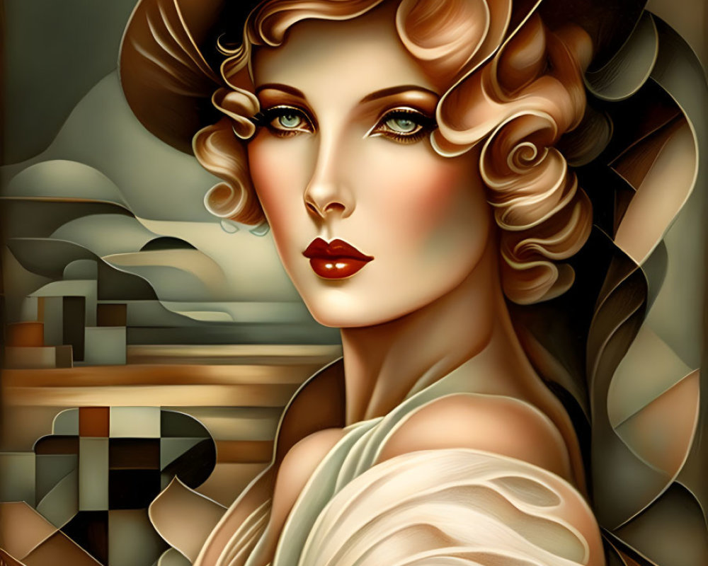 Elegant woman in Art Deco style with wavy hair and hat, featuring warm tones.