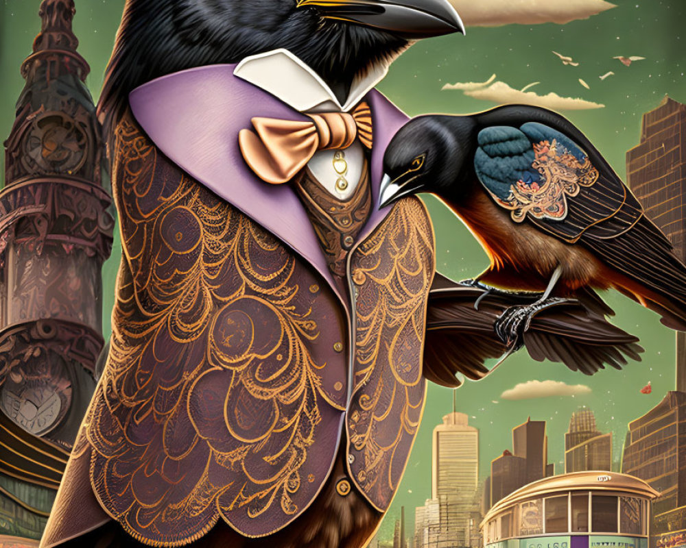 Anthropomorphic raven in Victorian attire with top hat and monocle, cityscape background