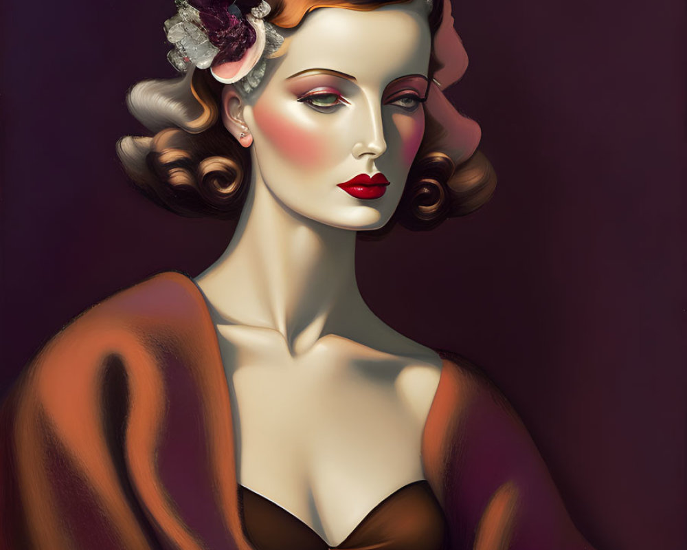 Classic Vintage Portrait of Woman with Waved Hairstyle and Red Lipstick