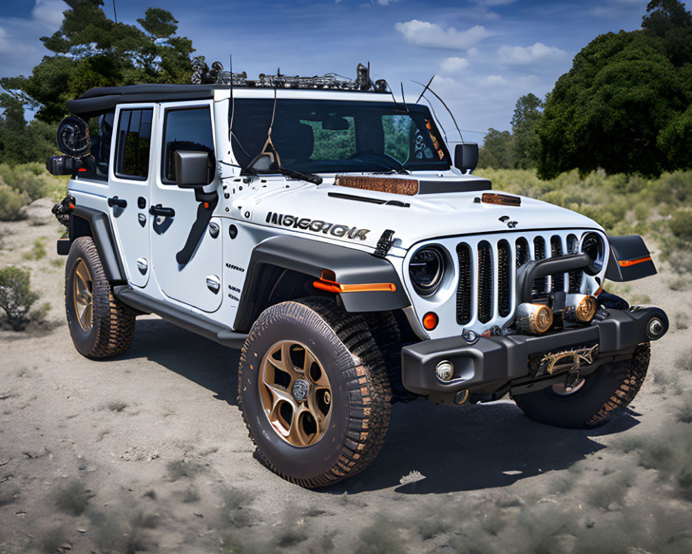 Four-door white off-road vehicle with roof rack and custom wheels in wooded area