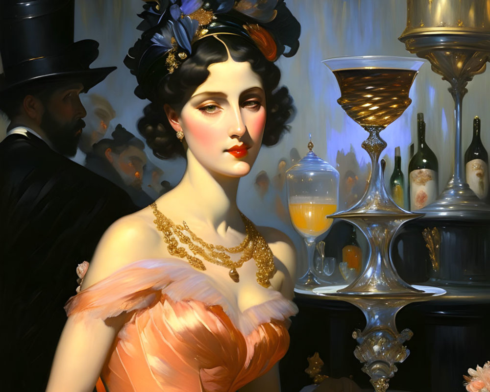 Victorian-era woman in orange dress with blue hairpiece and man in top hat and champagne in elegant