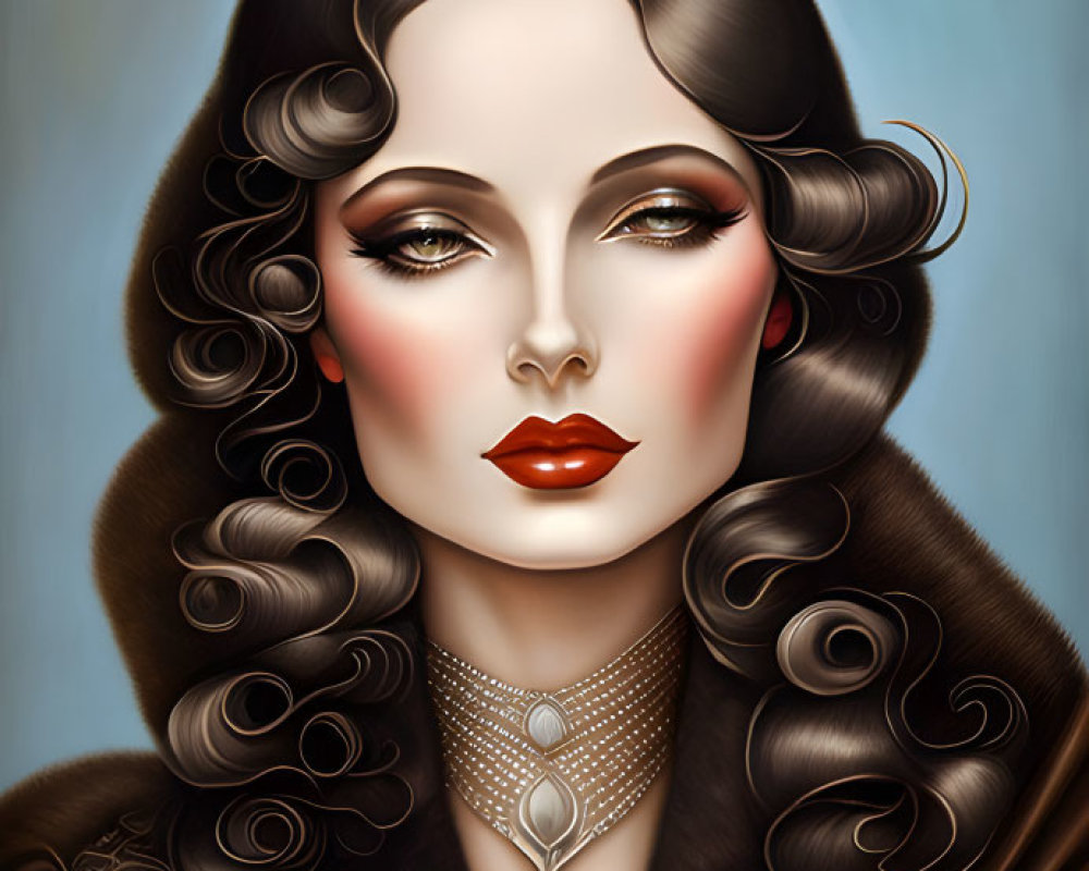 Illustrated portrait of woman with wavy hair, bold makeup, fur collar, and ornate necklace