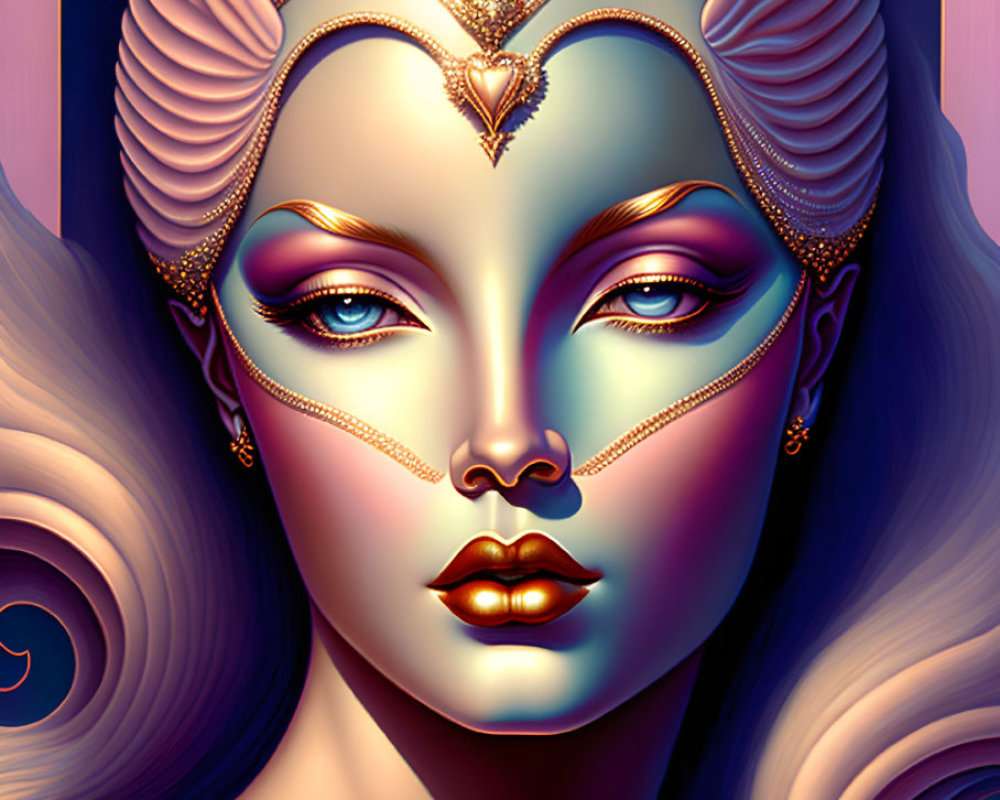 Woman with stylized makeup and ornate gold jewelry on colorful background