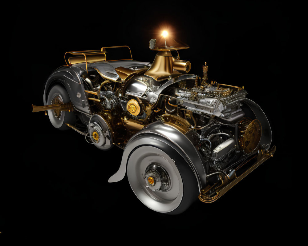 Vintage Car Featuring Exposed Golden Engine Components on Black Background