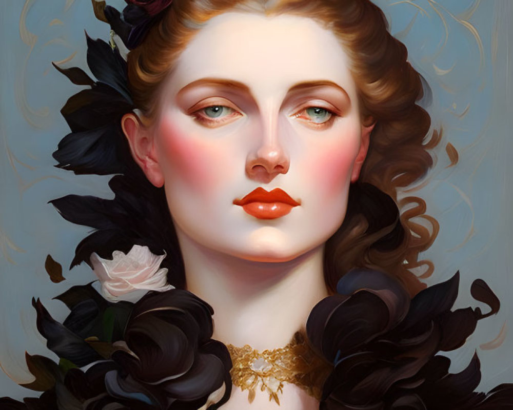 Stylized portrait of a woman with ornate headdress and feathers, surrounded by black roses,