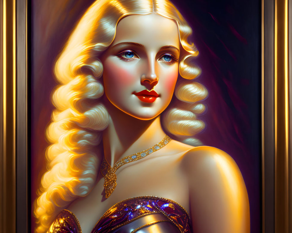 Blonde woman with blue eyes in purple dress and jewels on dark background