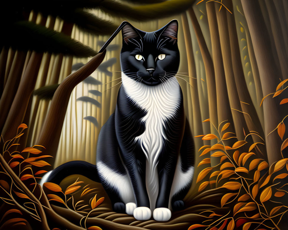 Majestic black and white cat in autumn forest scene