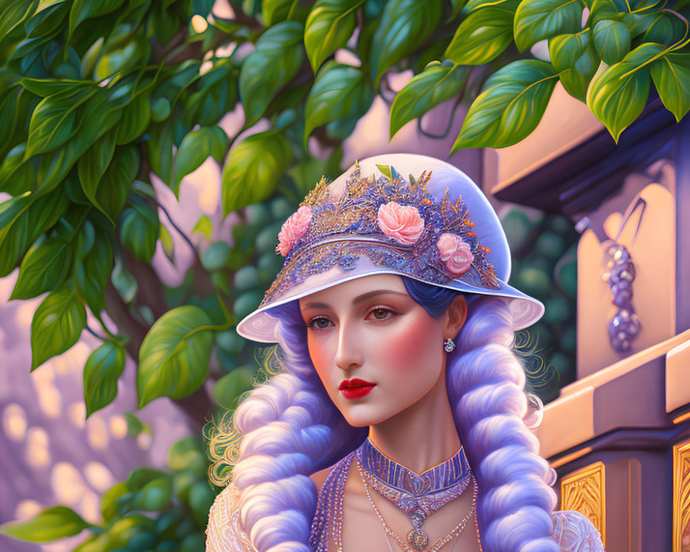 Blue braided hair woman in elegant attire with decorated hat against green foliage and architecture.