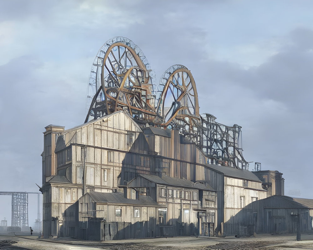 Industrial building with large wheels surrounded by smaller structures and railway tracks under cloudy sky