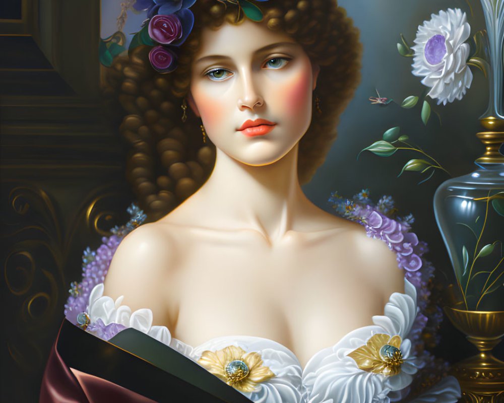 Classical portrait of woman with rose wreath, fan, and vase flower